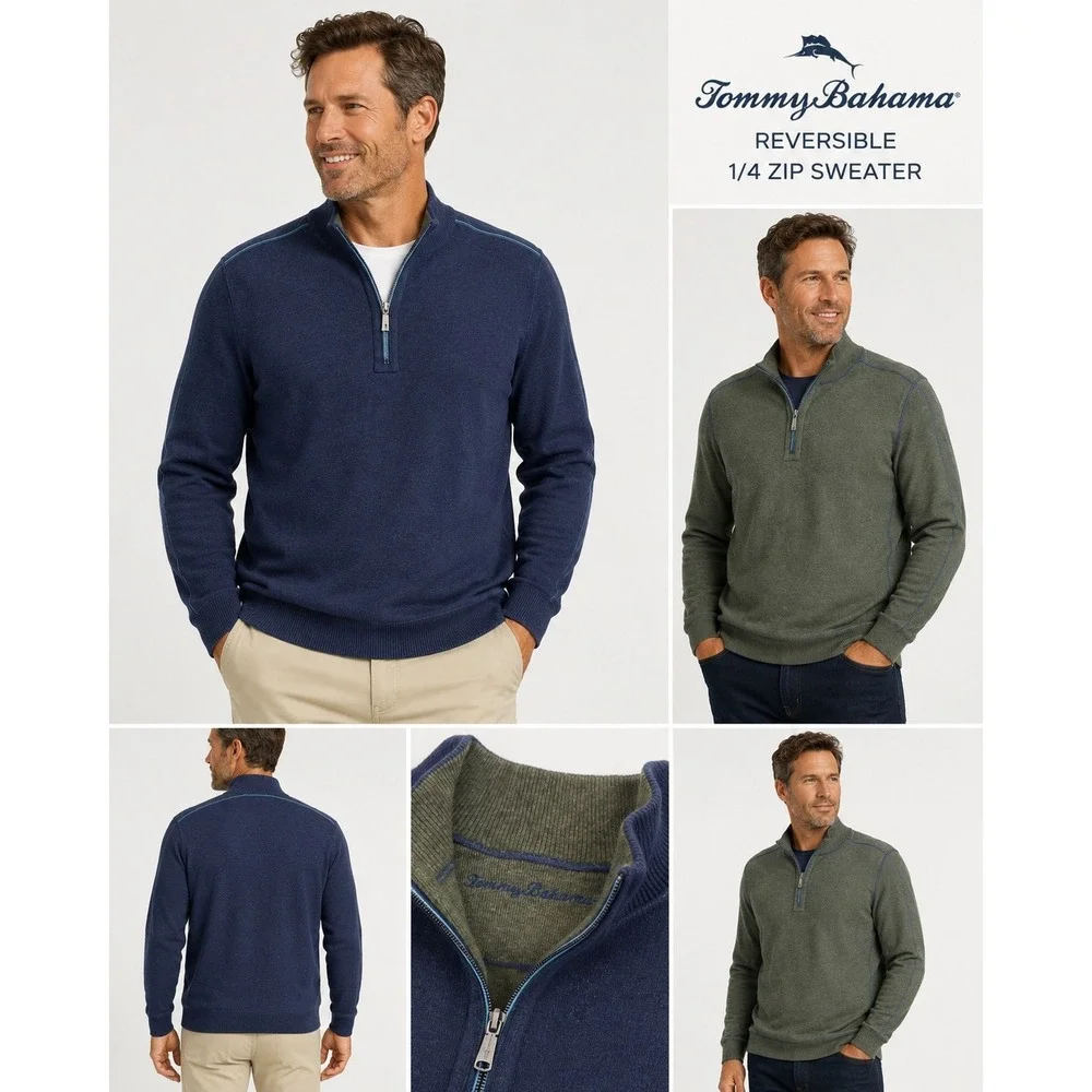Tommy Bahama Reversible Quarter Zip Sweater Men XL Navy Blue Olive 100% Cotton
